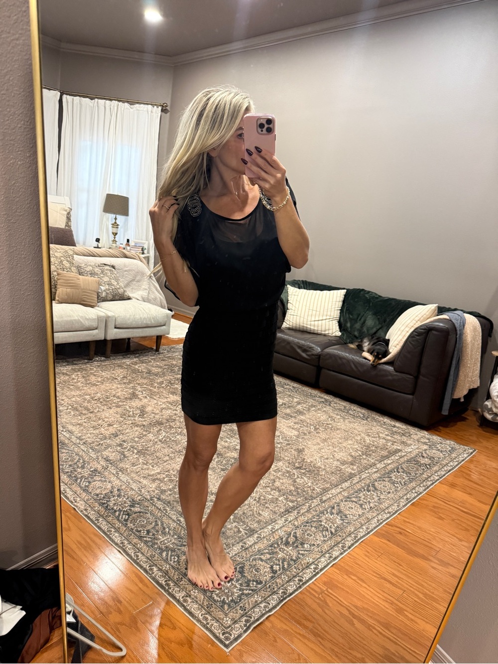 Xscape Black Sheer-Sleeve Mini Dress